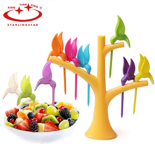 1Set Trees 6 forks bird tree Fruit Fork Creative Fruit Fork Toothpick Holder For Party Home Decor Hall Fork Kitchen Accessories